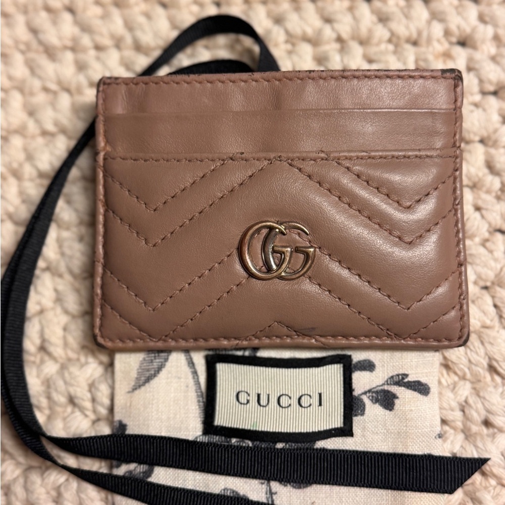 Gucci Taupe Leather Card Holder with GG Logo